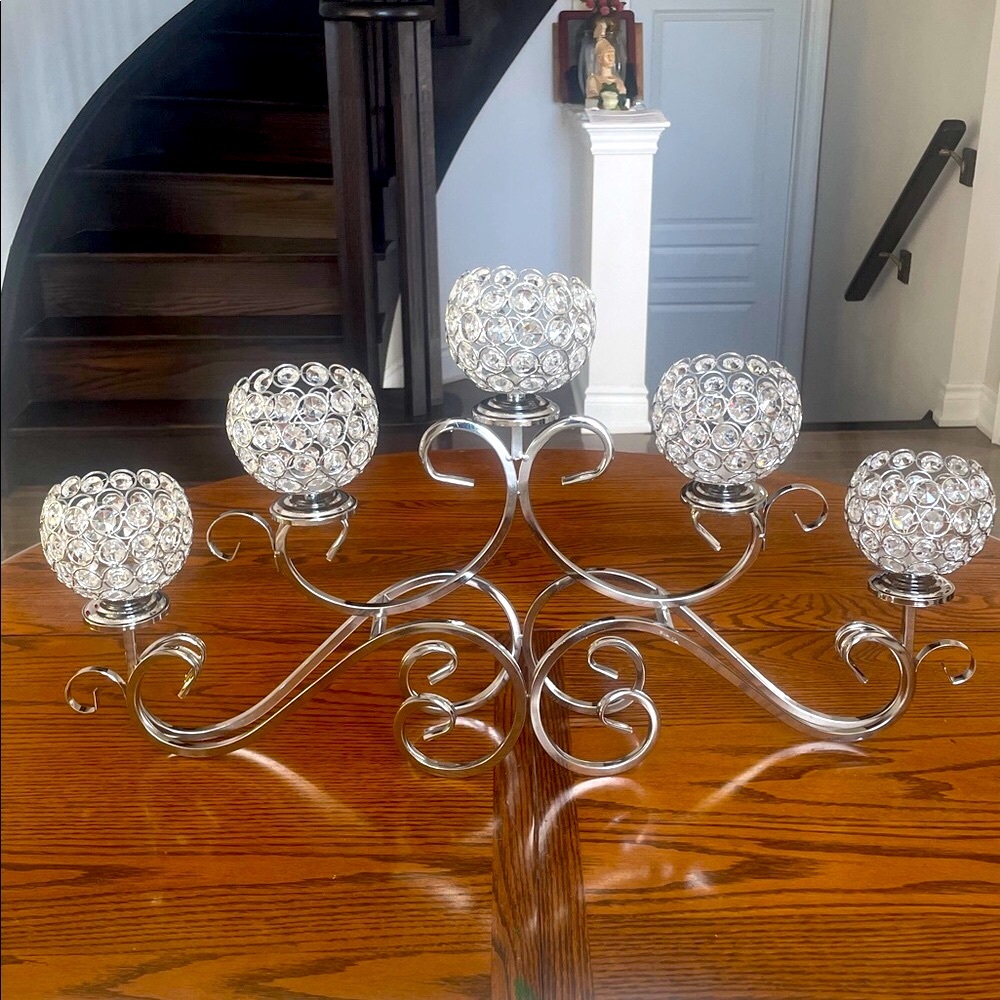 5 Arm Crystal Pendant Bowl Tea Light Candle Holder Table Centerpiece Decorations